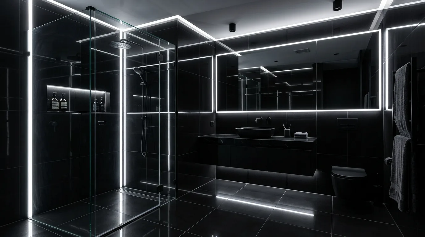 Use glossy tile to catch the light inspiration for a black bathroom.